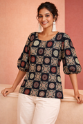 Ajrakh Block Print Puff Sleeve Top | Kapachi