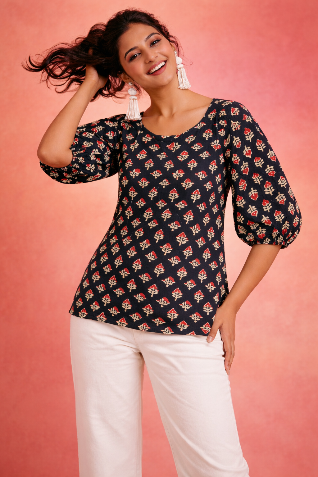 Ajrakh Block Print Puff Sleeve Top | Kapachi