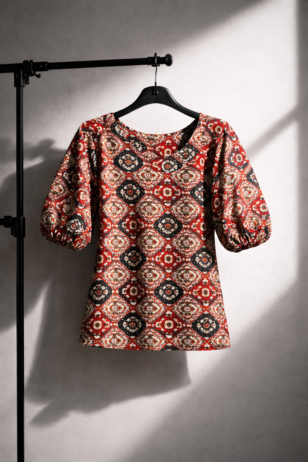 Ajrakh Block Print Puff Sleeve Top | Kapachi