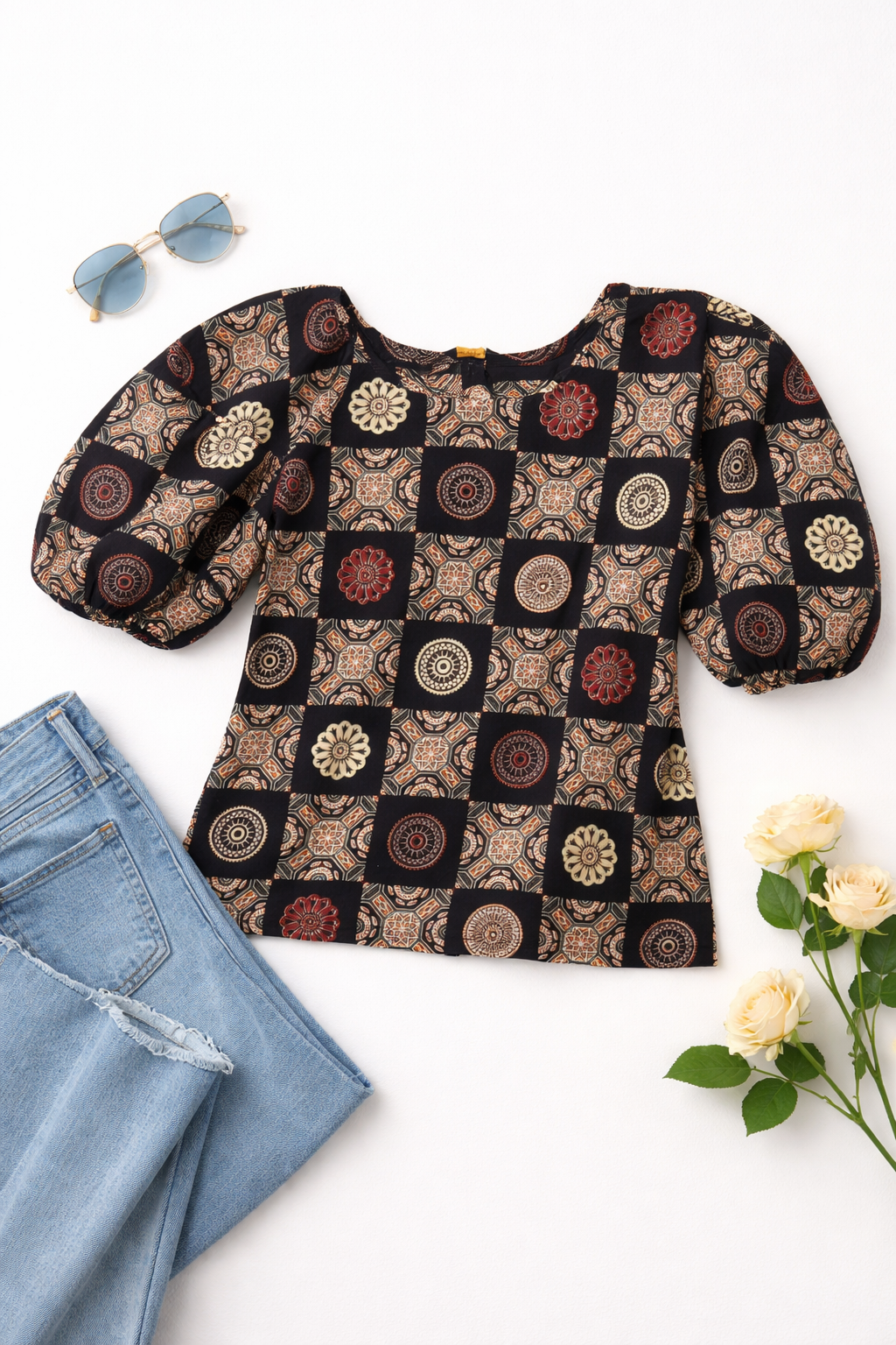 Ajrakh Block Print Puff Sleeve Top | Kapachi