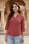 Women’s Premium Cotton Printed Top – V-Neck 3/4 Sleeve Casual Ethnic Fusion Wear | Kapachi
