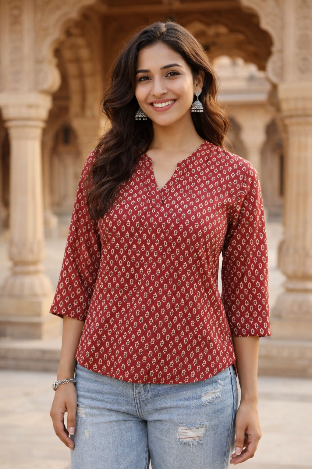 Women’s Premium Cotton Printed Top – V-Neck 3/4 Sleeve Casual Ethnic Fusion Wear | Kapachi