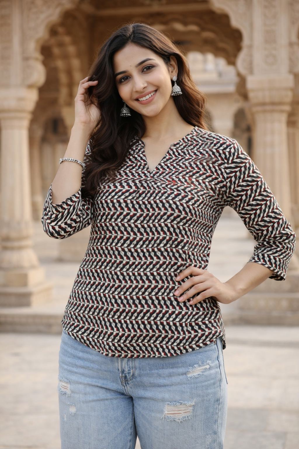 Women’s Premium Cotton Printed Top – V-Neck 3/4 Sleeve Casual Ethnic Fusion Wear | Kapachi