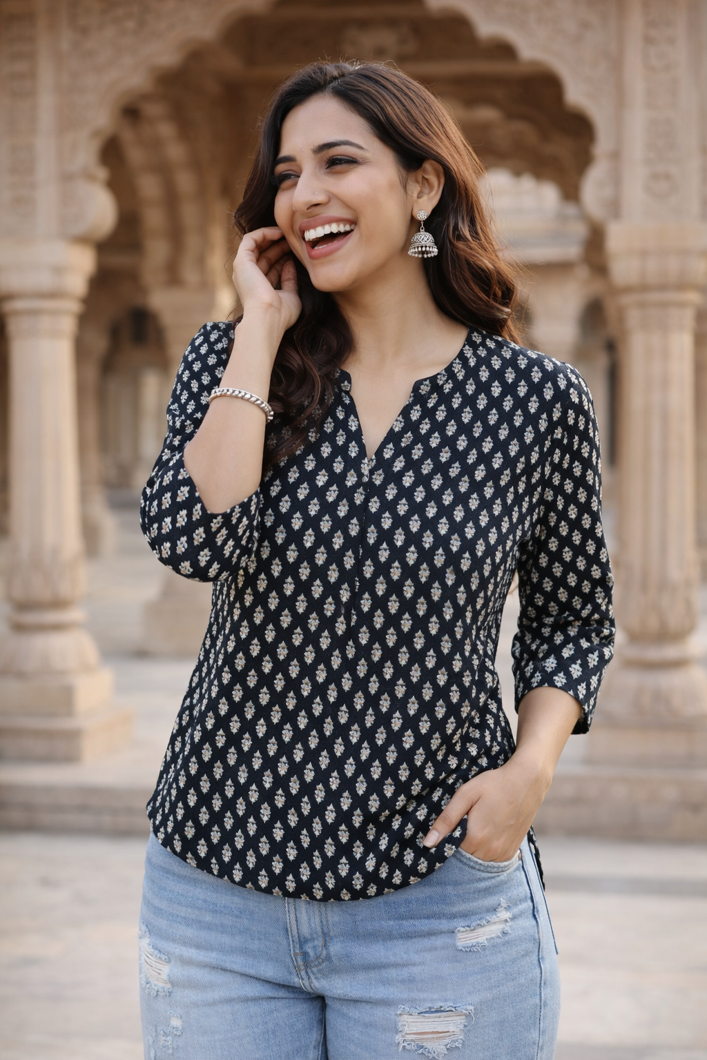 Women’s Premium Cotton Printed Top – V-Neck 3/4 Sleeve Casual Ethnic Fusion Wear | Kapachi