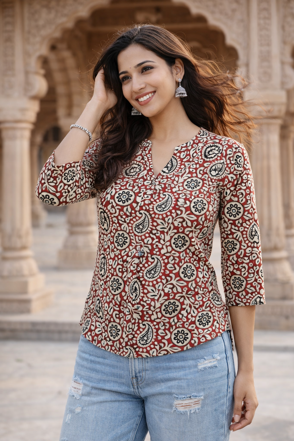 Women’s Premium Cotton Printed Top – V-Neck 3/4 Sleeve Casual Ethnic Fusion Wear | Kapachi