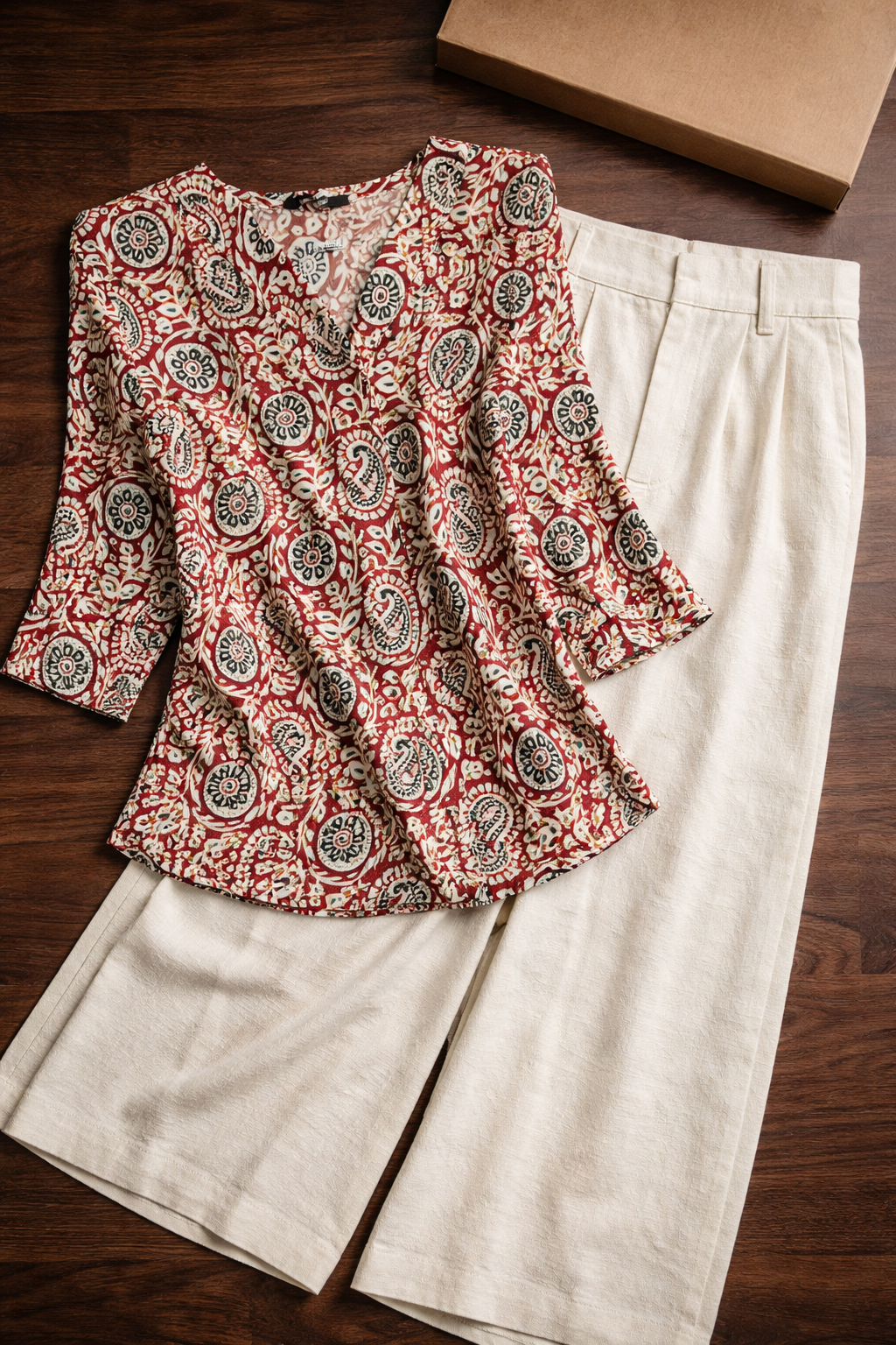 Women’s Premium Cotton Printed Top – V-Neck 3/4 Sleeve Casual Ethnic Fusion Wear | Kapachi
