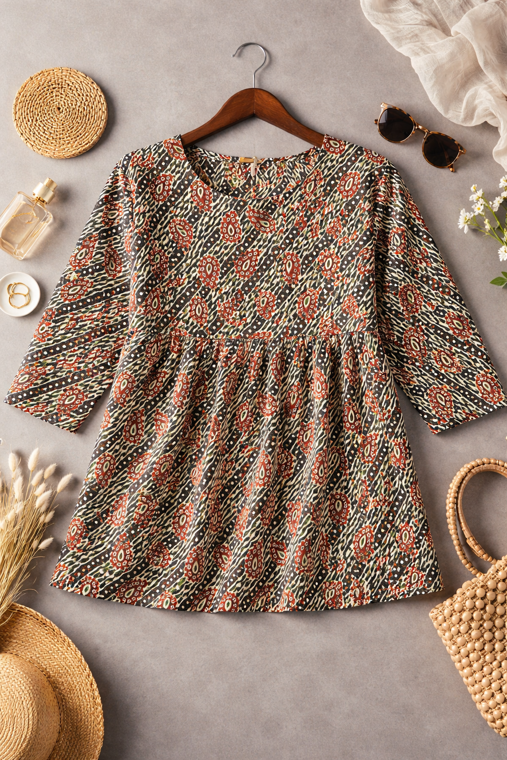 Women’s Premium Cotton Printed Peplum Top – Relaxed Fit 3/4 Sleeve Casual & Smart Everyday Wear | Kapachi