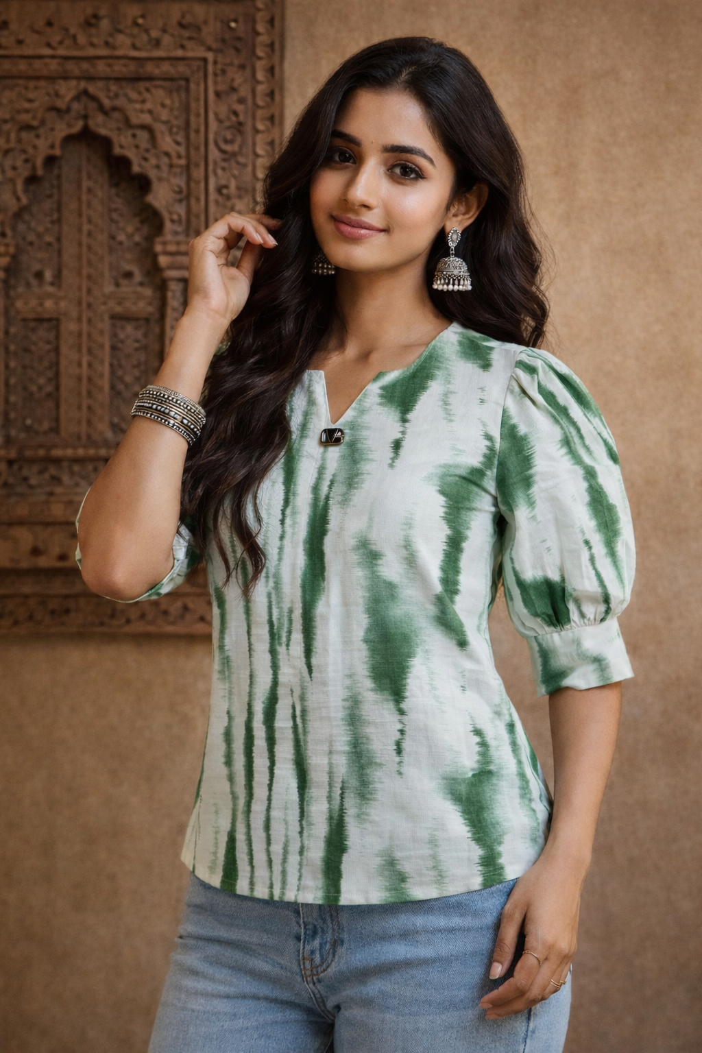 Shibori Tie-Dye Puff Sleeve Top | Ethnic Fusion Casual Wear | Miss Kapachi