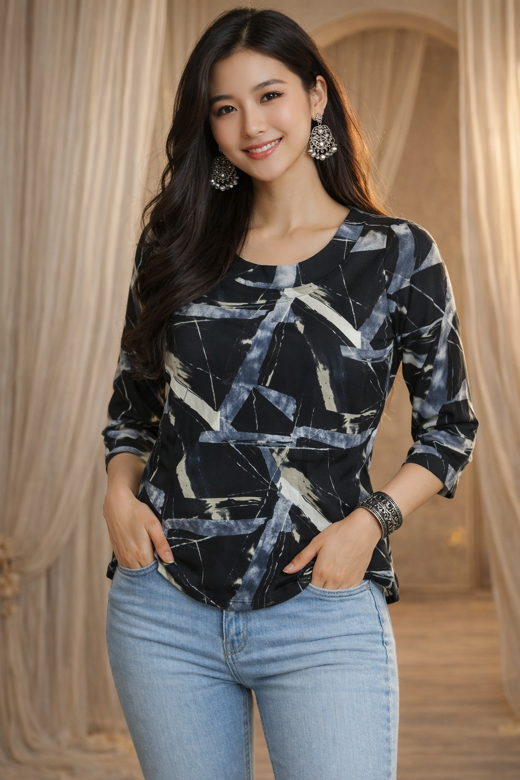 Abstract Geometric Print Top | 3/4 Sleeve Round Neck Women's Top | Ethnic Fusion Casual Wear | Miss Kapachi