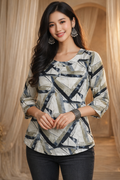 Abstract Geometric Print Top | 3/4 Sleeve Round Neck Women's Top | Ethnic Fusion Casual Wear | Miss Kapachi