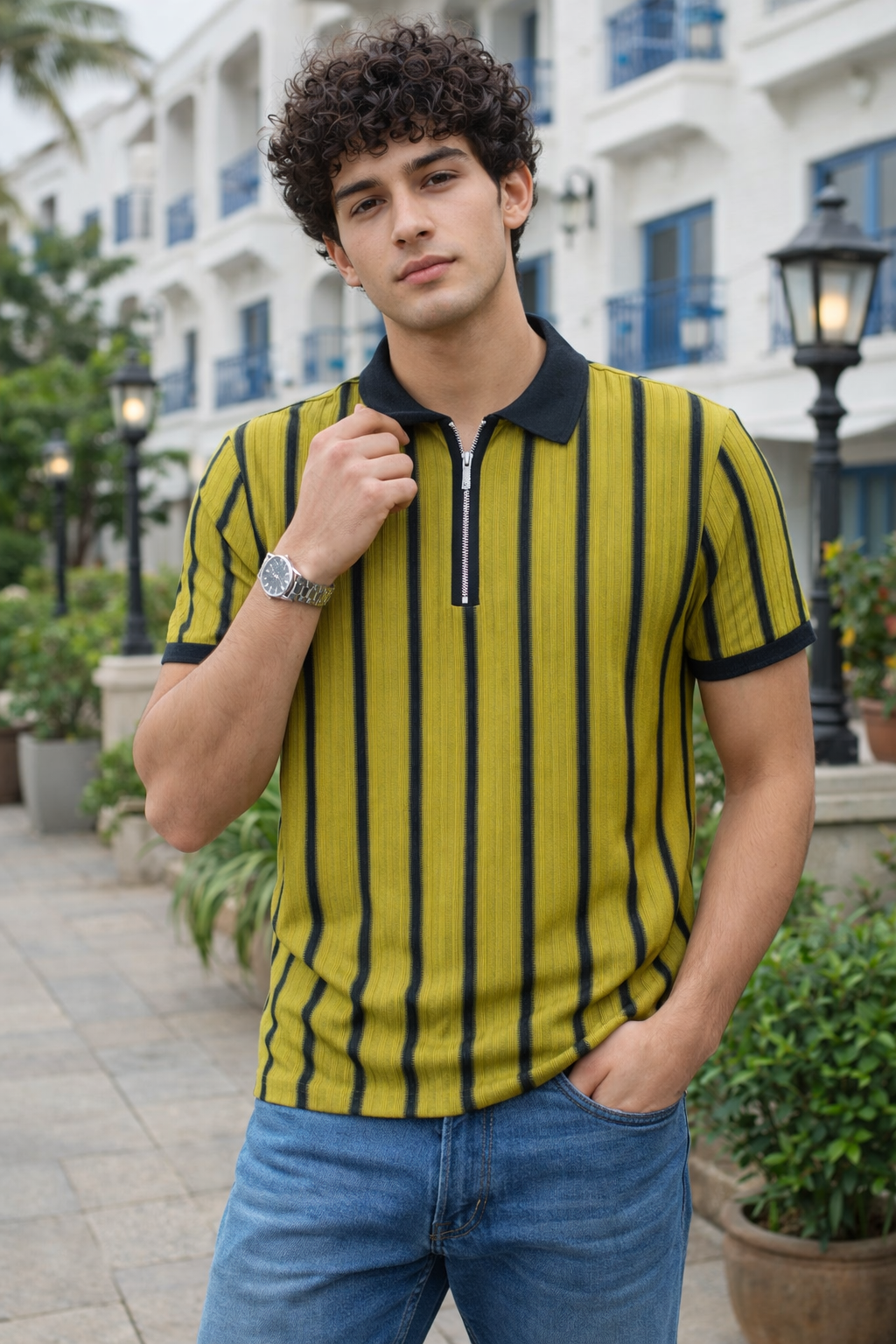 Striped Ribbed Zip Polo T-Shirt | Lemon8