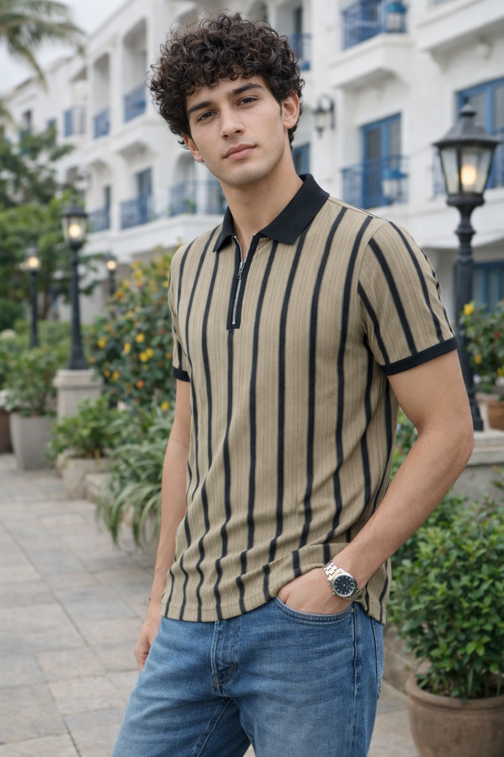 Striped Ribbed Zip Polo T-Shirt | Lemon8
