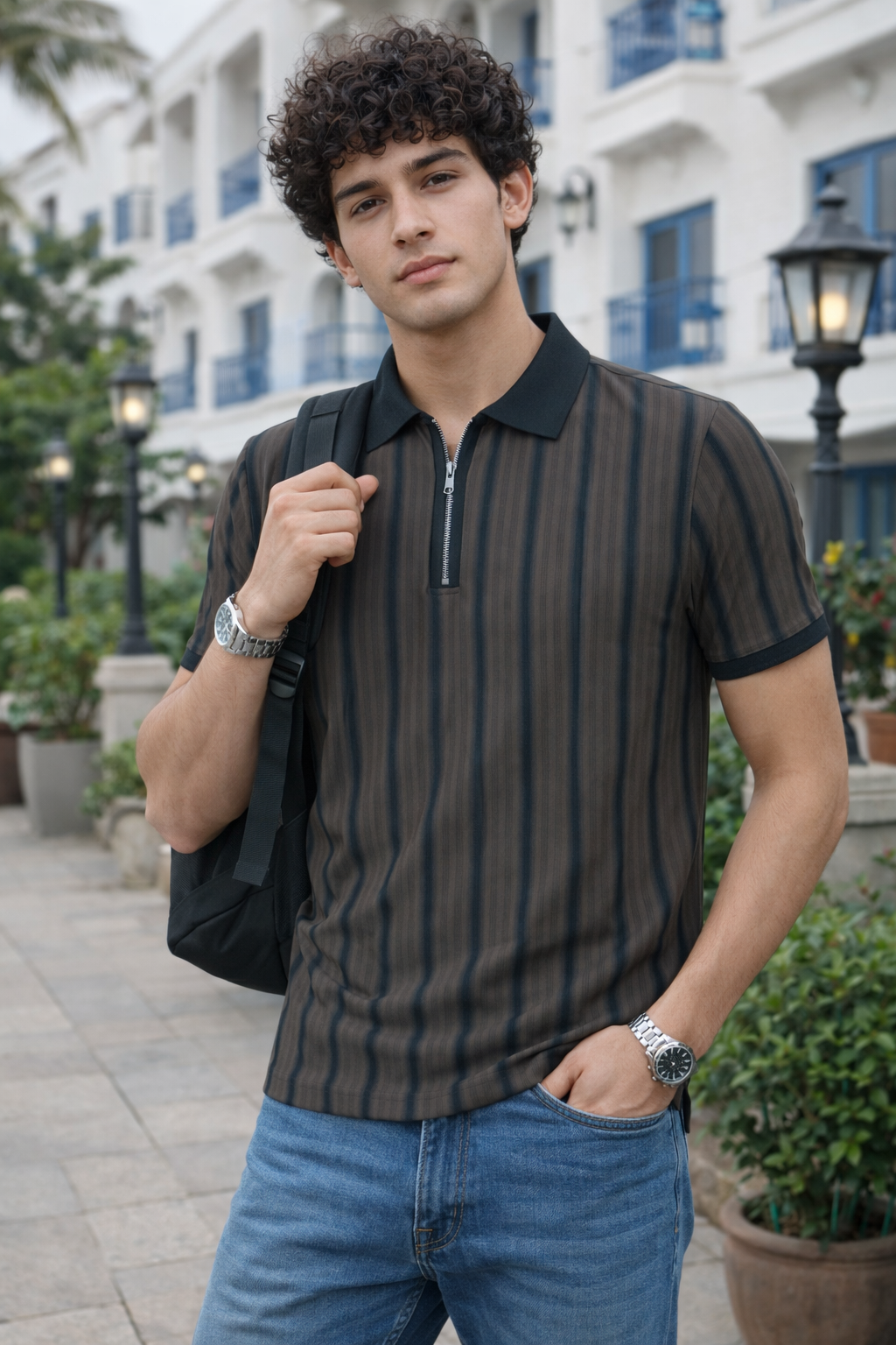 Striped Ribbed Zip Polo T-Shirt | Lemon8