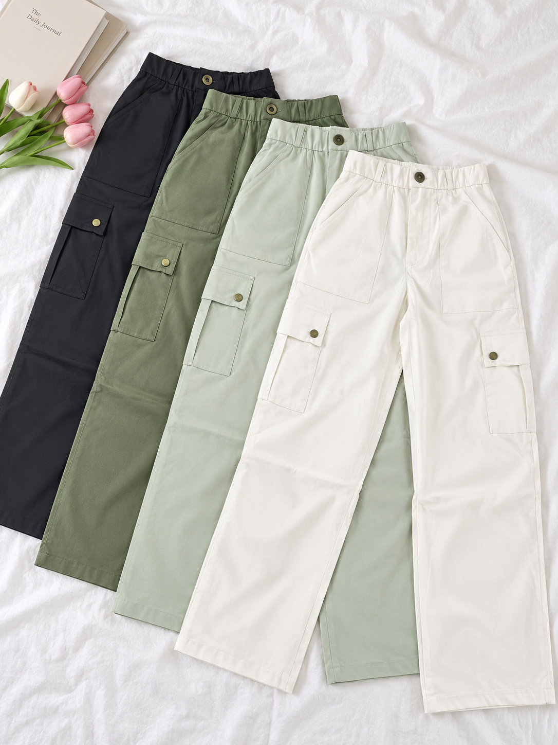 Women's Elastic Waist Wide-Leg Twill Cargo Pants |Miss Kapachi