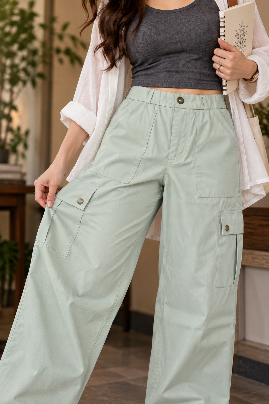 Women's Elastic Waist Wide-Leg Twill Cargo Pants |Miss Kapachi