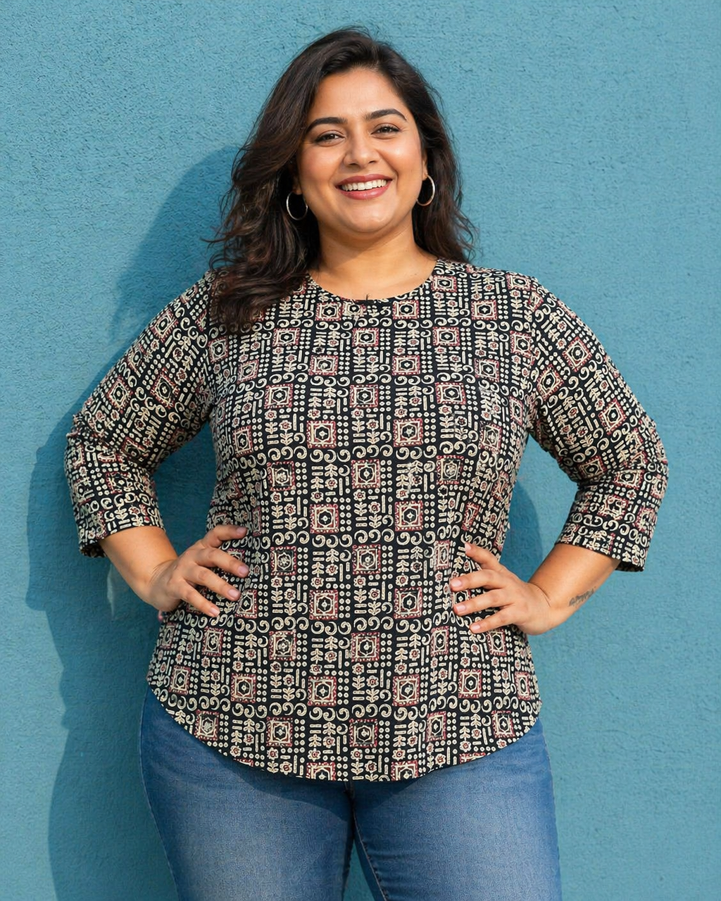 Cotton Geometric Mandala Print Top for Women | Plus Size 3XL 4XL | Zero+1