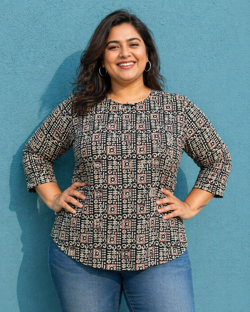 Cotton Geometric Mandala Print Top for Women | Plus Size 3XL 4XL | Zero+1