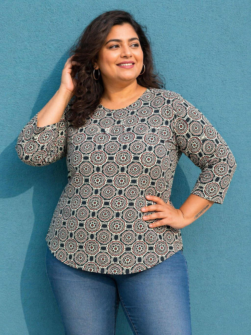 Cotton Geometric Mandala Print Top for Women | Plus Size 3XL 4XL | Zero+1