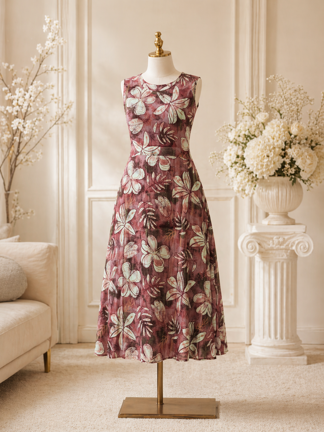 Cristal Satin Tropical Floral Sleeveless Maxi Dress for Women | Mix Size | Miss Kapachi