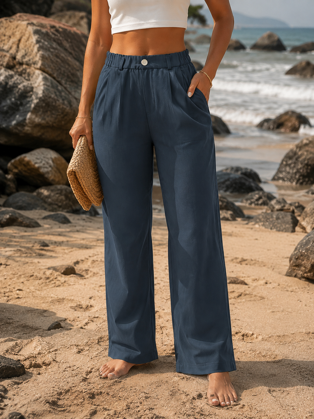 Solid Pleated High-Waist Wide-Leg Trousers | Button Waistband | Side Pockets | Miss Kapachi