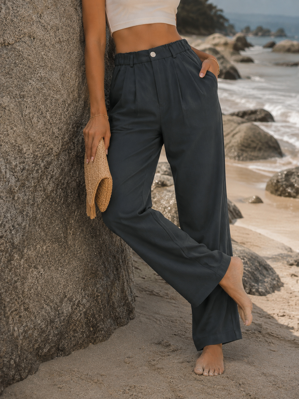 Solid Pleated High-Waist Wide-Leg Trousers | Button Waistband | Side Pockets | Miss Kapachi