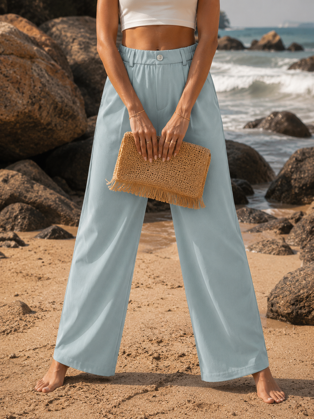 Solid Pleated High-Waist Wide-Leg Trousers | Button Waistband | Side Pockets | Miss Kapachi