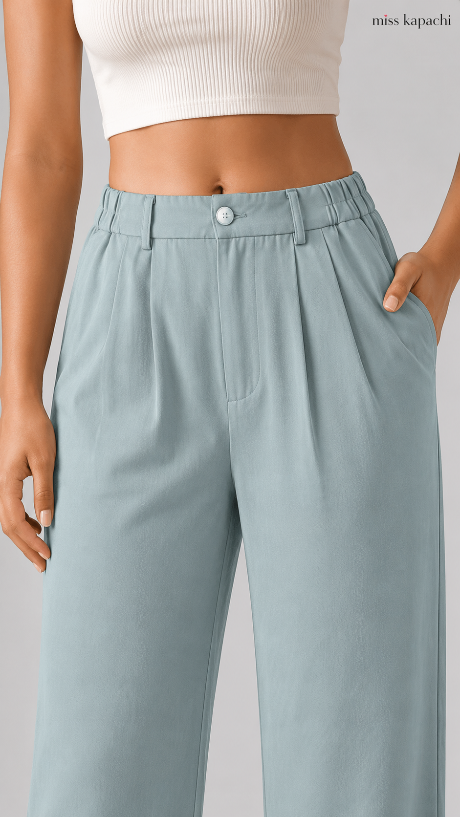Solid Pleated High-Waist Wide-Leg Trousers | Button Waistband | Side Pockets | Miss Kapachi