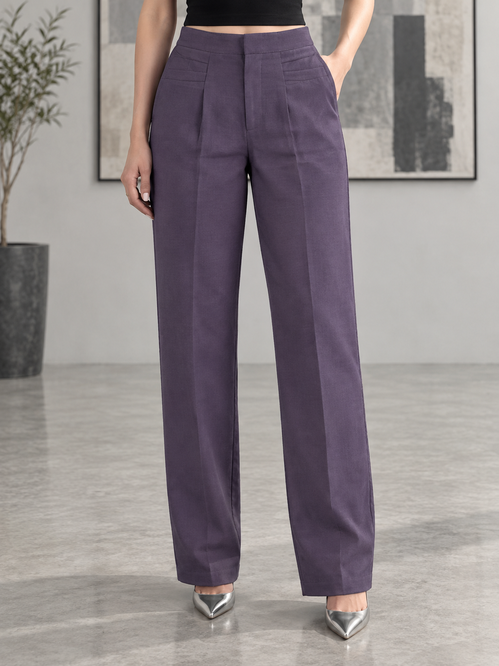 Solid Wide-Leg Trousers | Elasticated High Waist | Side Pockets | Miss Kapachi
