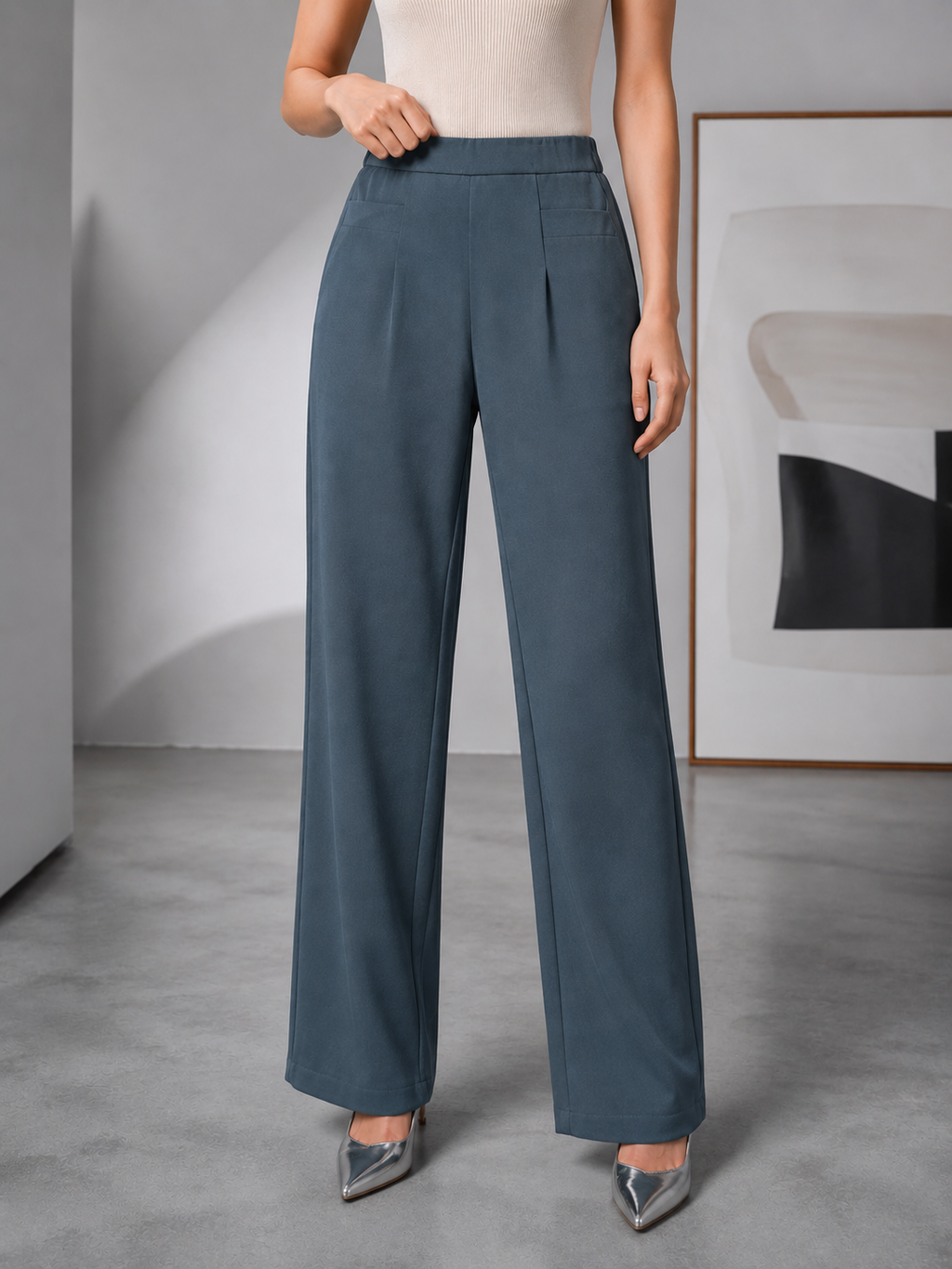 Solid Wide-Leg Trousers | Elasticated High Waist | Side Pockets | Miss Kapachi