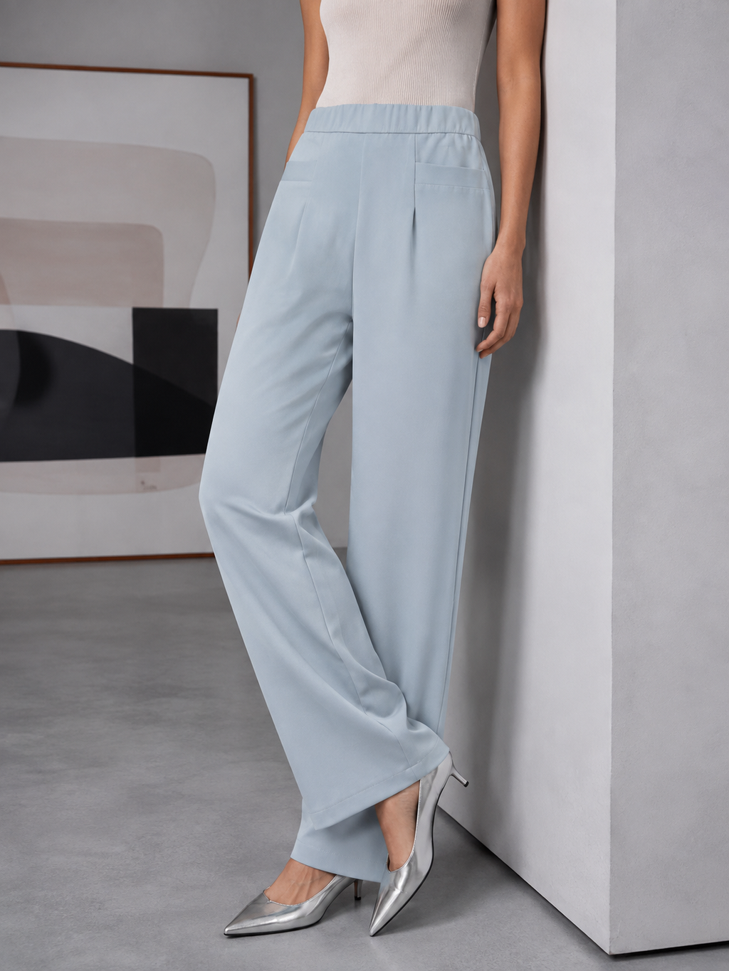 Solid Wide-Leg Trousers | Elasticated High Waist | Side Pockets | Miss Kapachi
