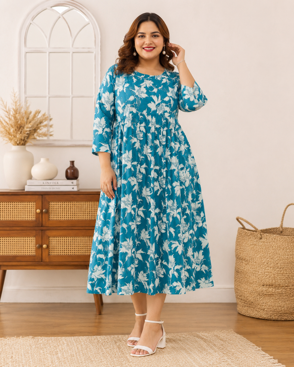 Women's Floral Print 3/4 Sleeve A-Line Midi Dress | Zero+1