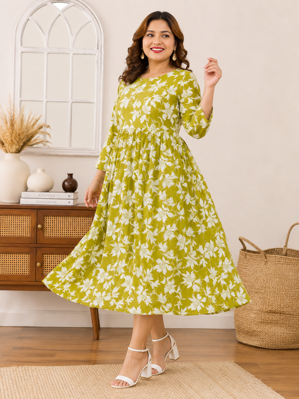 Women's Floral Print 3/4 Sleeve A-Line Midi Dress | Zero+1