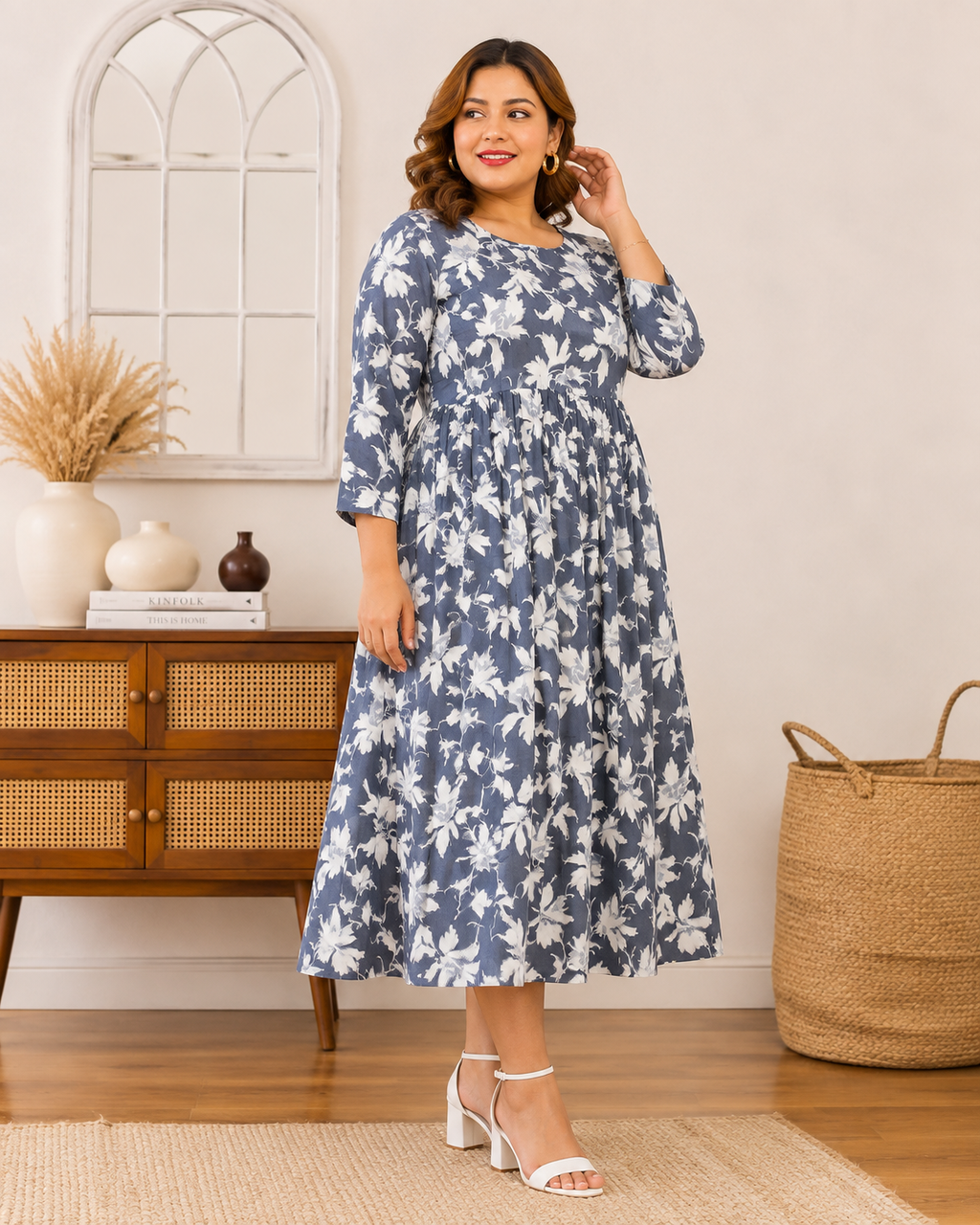 Women's Floral Print 3/4 Sleeve A-Line Midi Dress | Zero+1