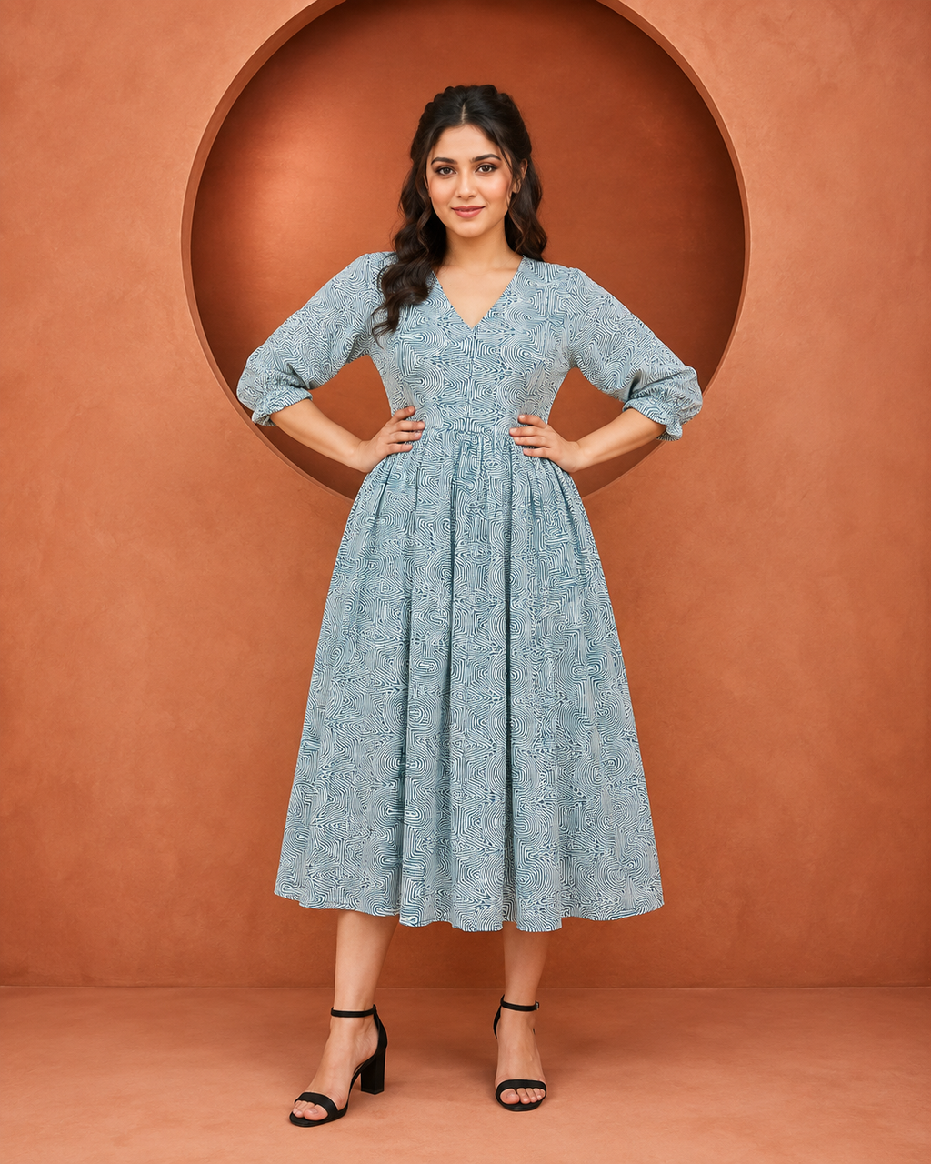 Women's V-Neck Printed Puff-Sleeve Midi Dress | Miss Kapachi