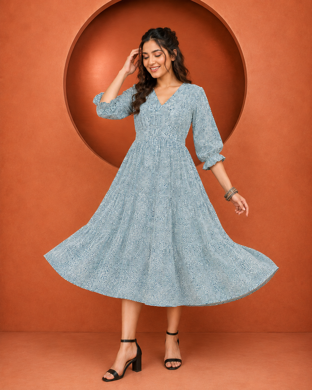 Women's V-Neck Printed Puff-Sleeve Midi Dress | Miss Kapachi