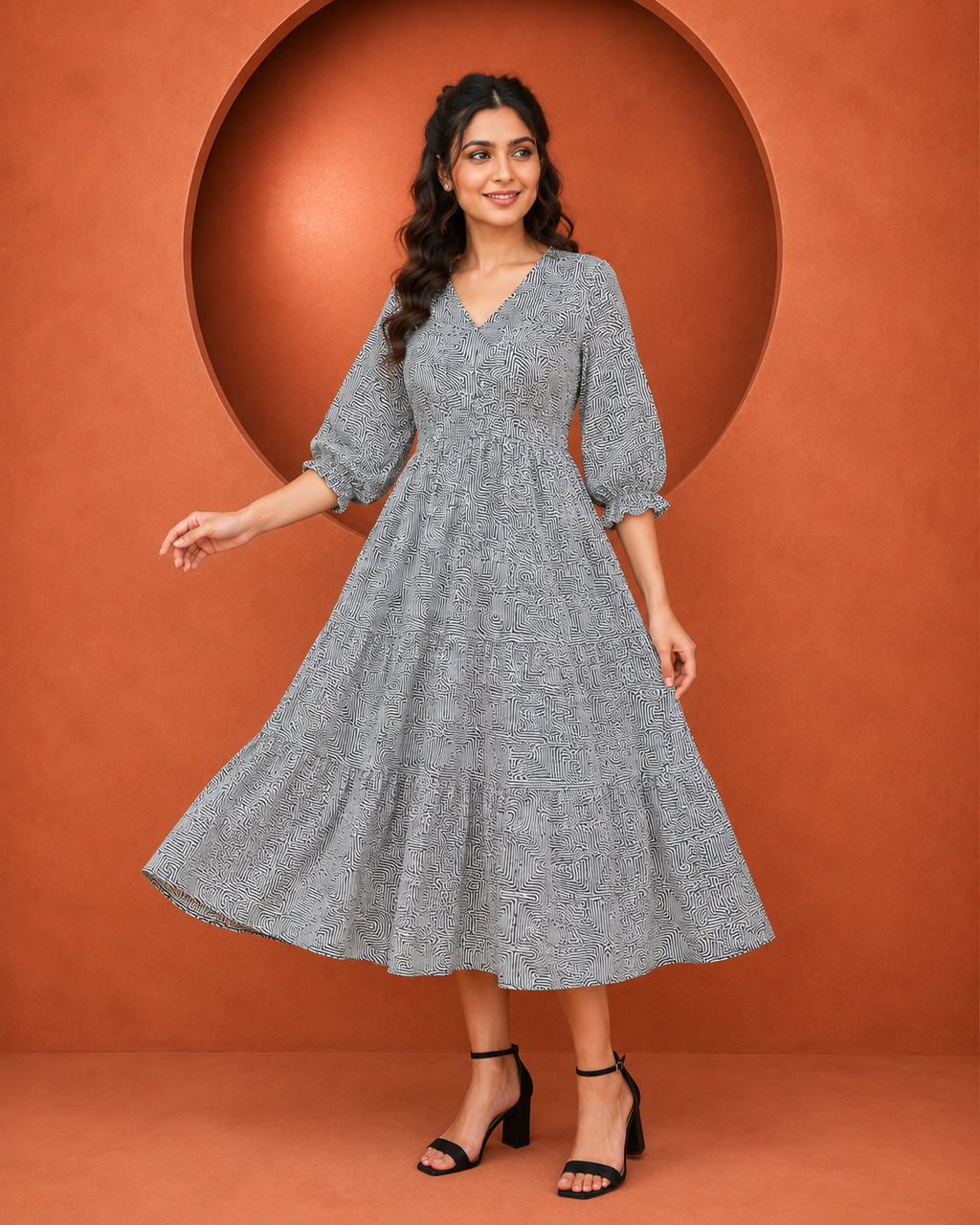 Women's V-Neck Printed Puff-Sleeve Midi Dress | Miss Kapachi
