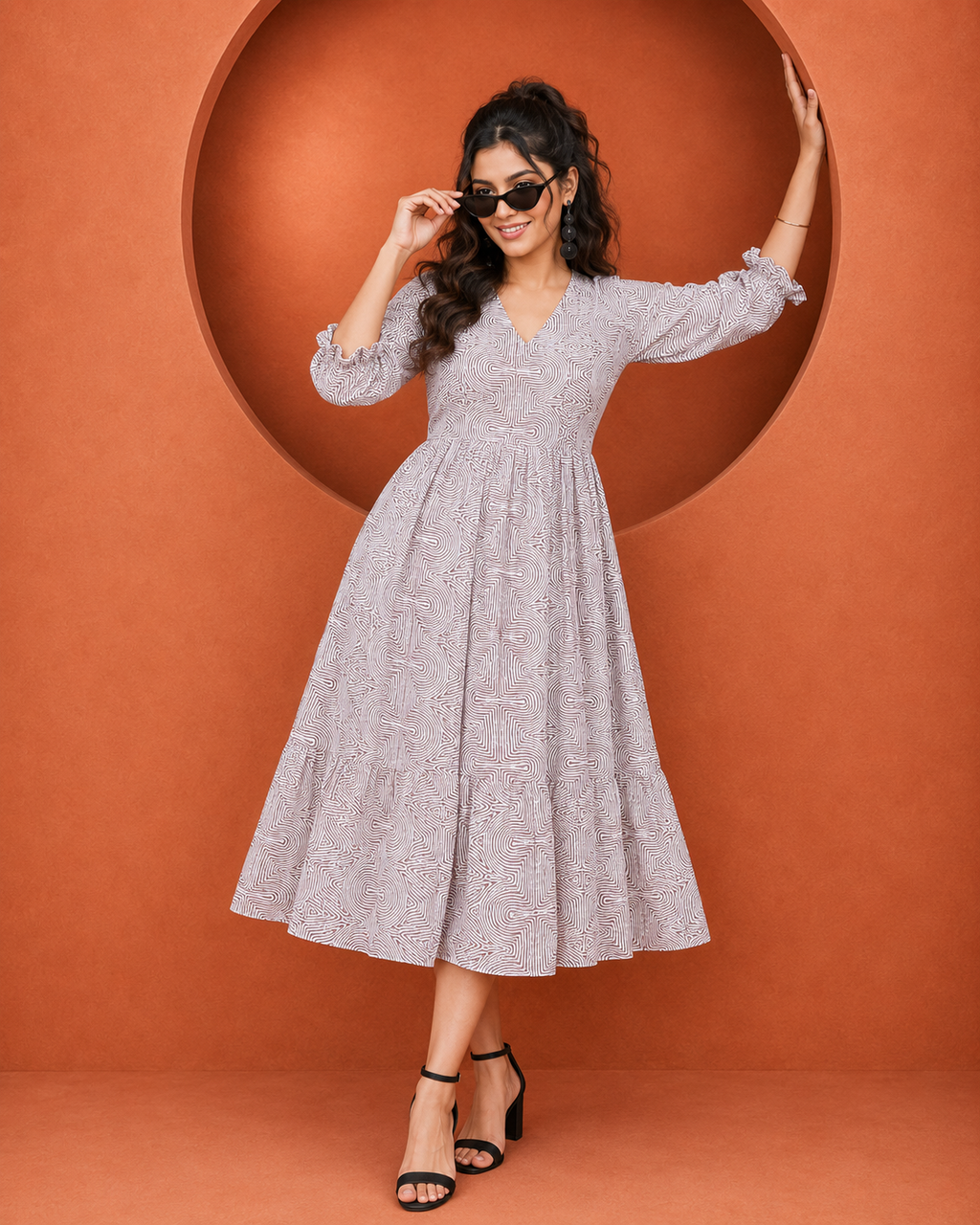 Women's V-Neck Printed Puff-Sleeve Midi Dress | Miss Kapachi