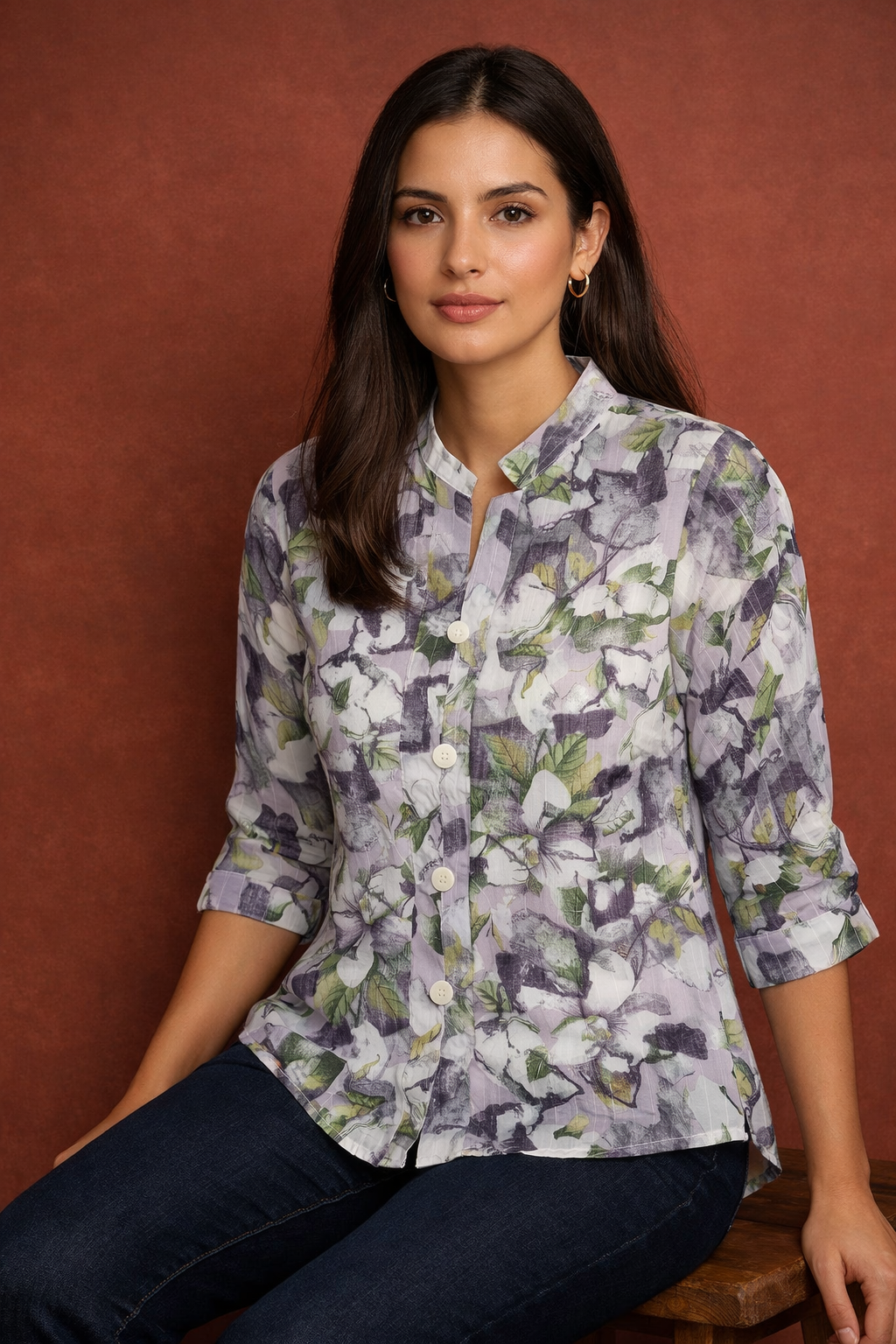 Floral Chiffon Shirt | Mandarin Collar 3/4 Sleeve Women's Printed Top | Miss Kapachi
