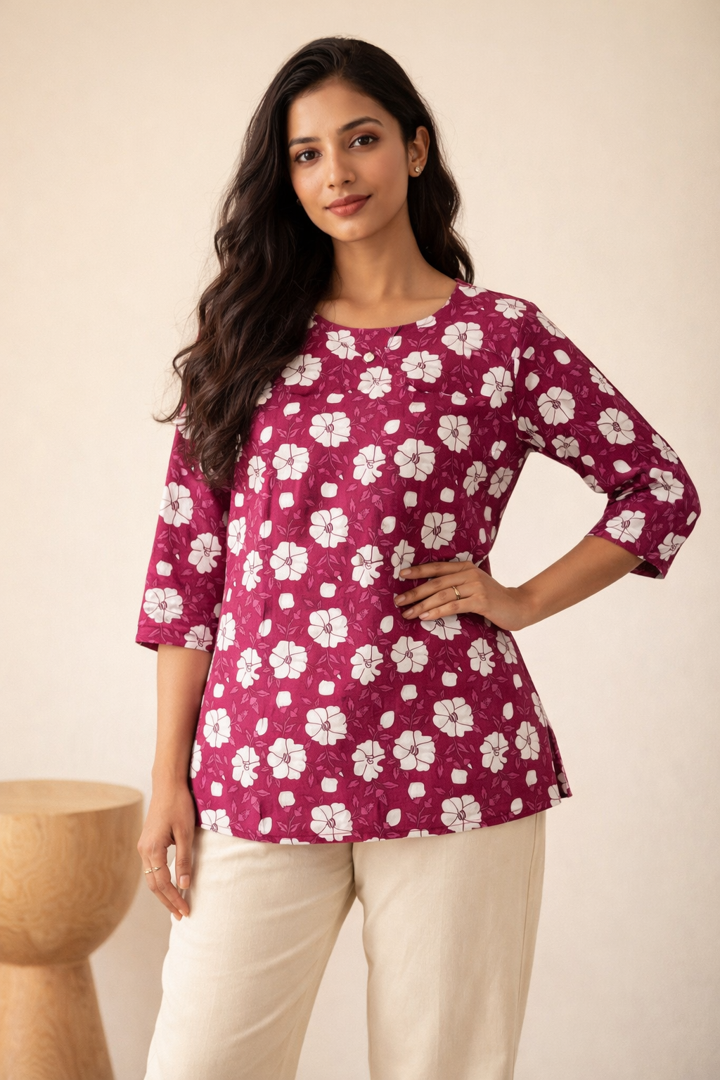 Women's Floral Print Cotton A-Line Top | 3/4 Sleeve Round Neck | Miss Kapachi
