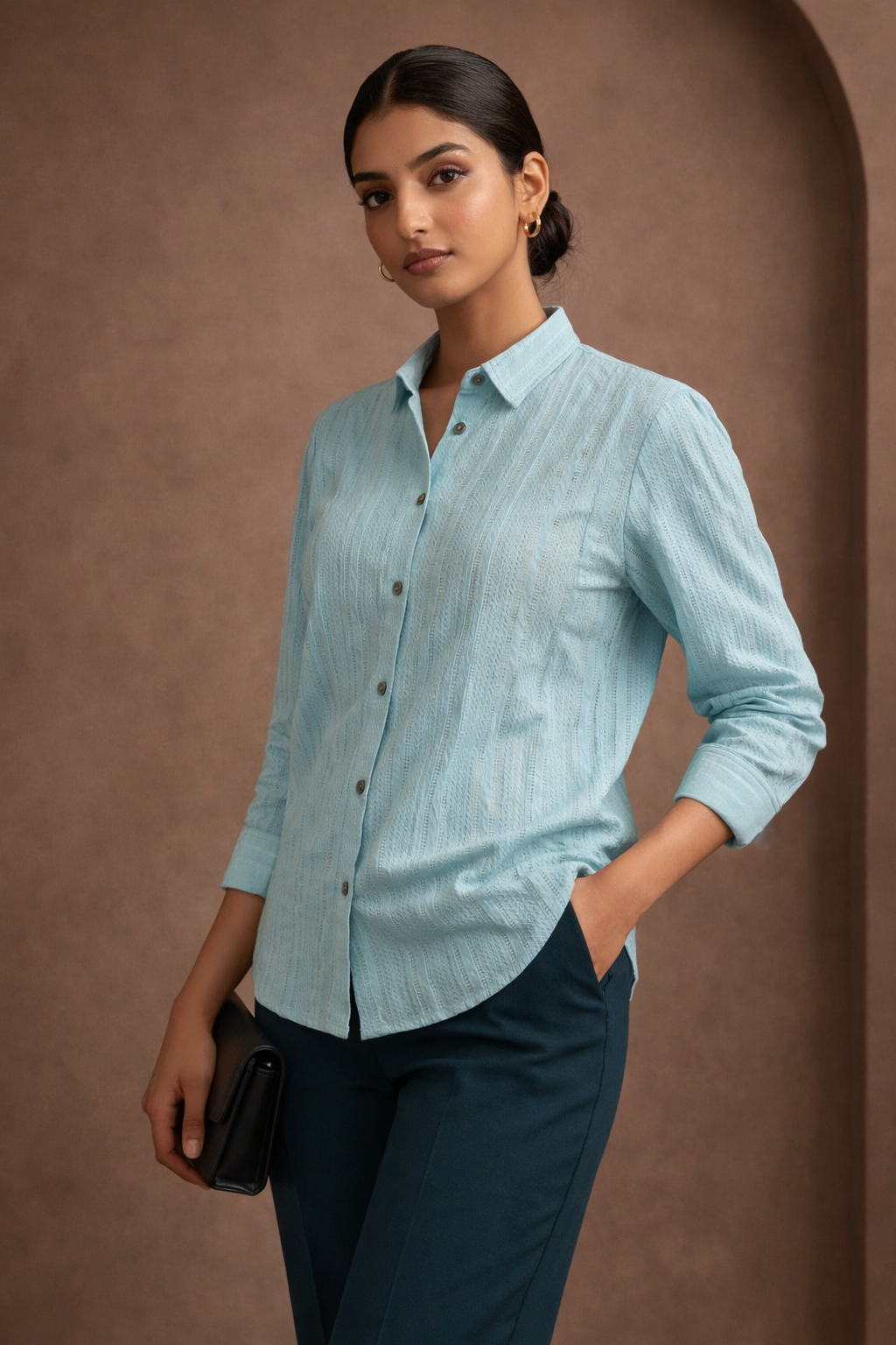 Textured Knit Shirt | Stretchable Full-Sleeve Women's Formal Shirt | Zero+1