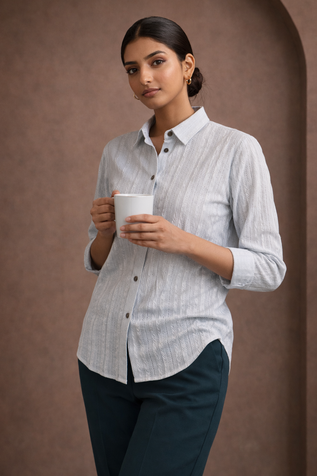 Textured Knit Shirt | Stretchable Full-Sleeve Women's Formal Shirt | Zero+1