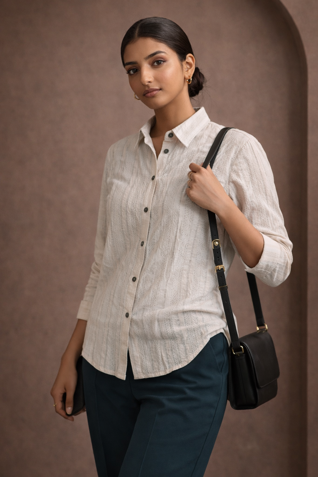 Textured Knit Shirt | Stretchable Full-Sleeve Women's Formal Shirt | Zero+1