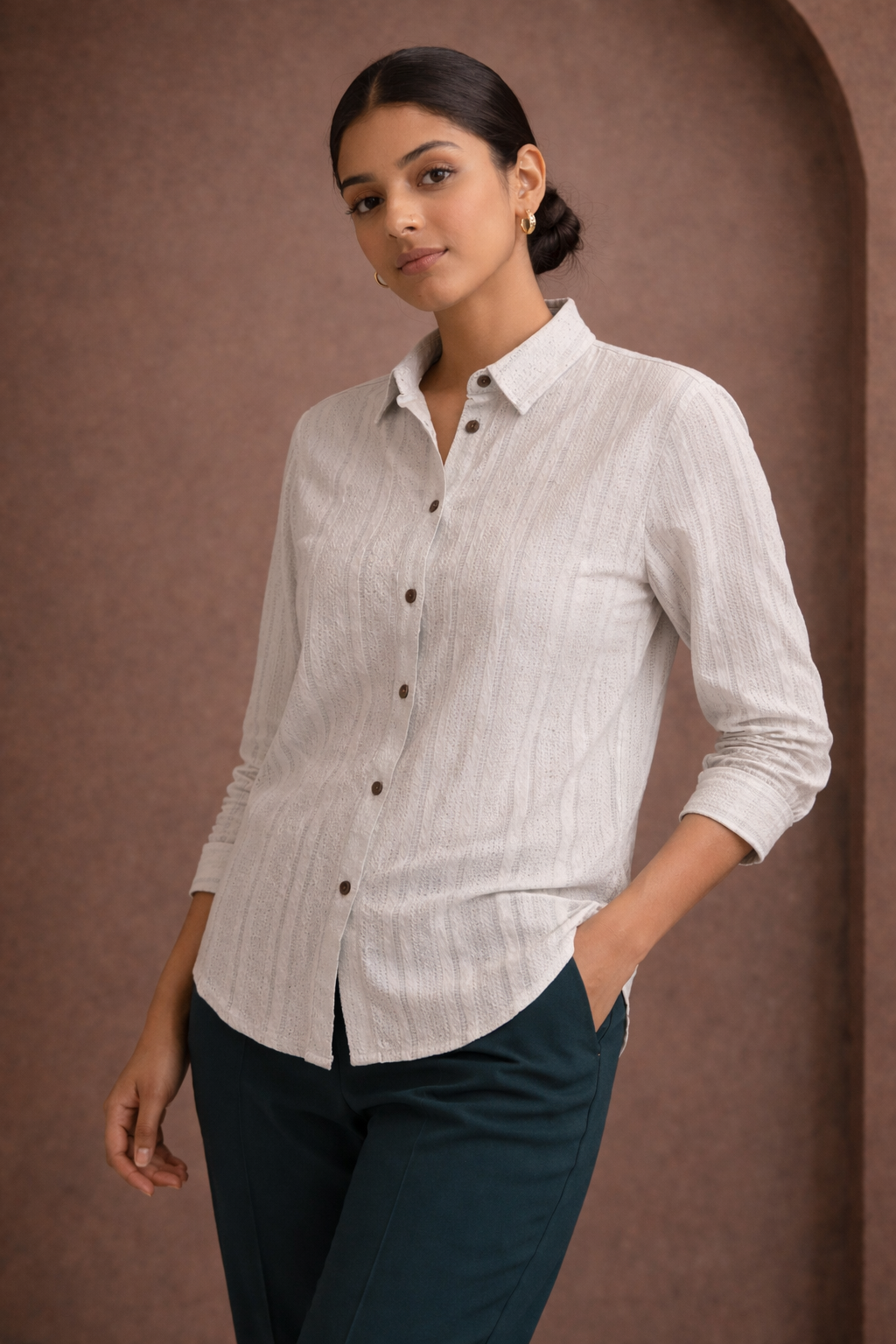 Textured Knit Shirt | Stretchable Full-Sleeve Women's Formal Shirt | Zero+1
