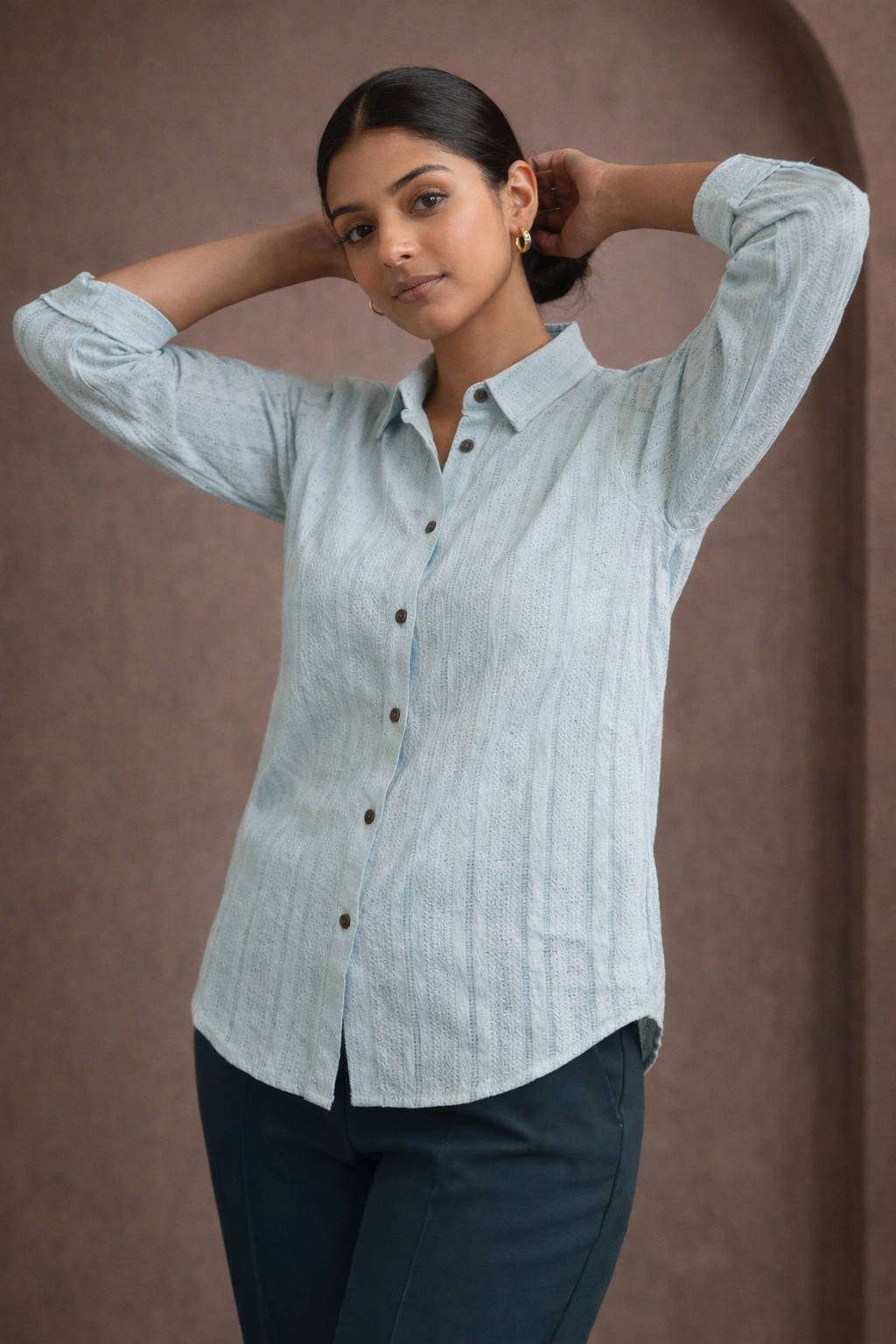 Textured Knit Shirt | Stretchable Full-Sleeve Women's Formal Shirt | Zero+1