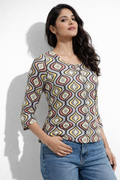 Retro Ogee Wave Print Satin Top | Round Neck, 3/4 Sleeves | Zero+1