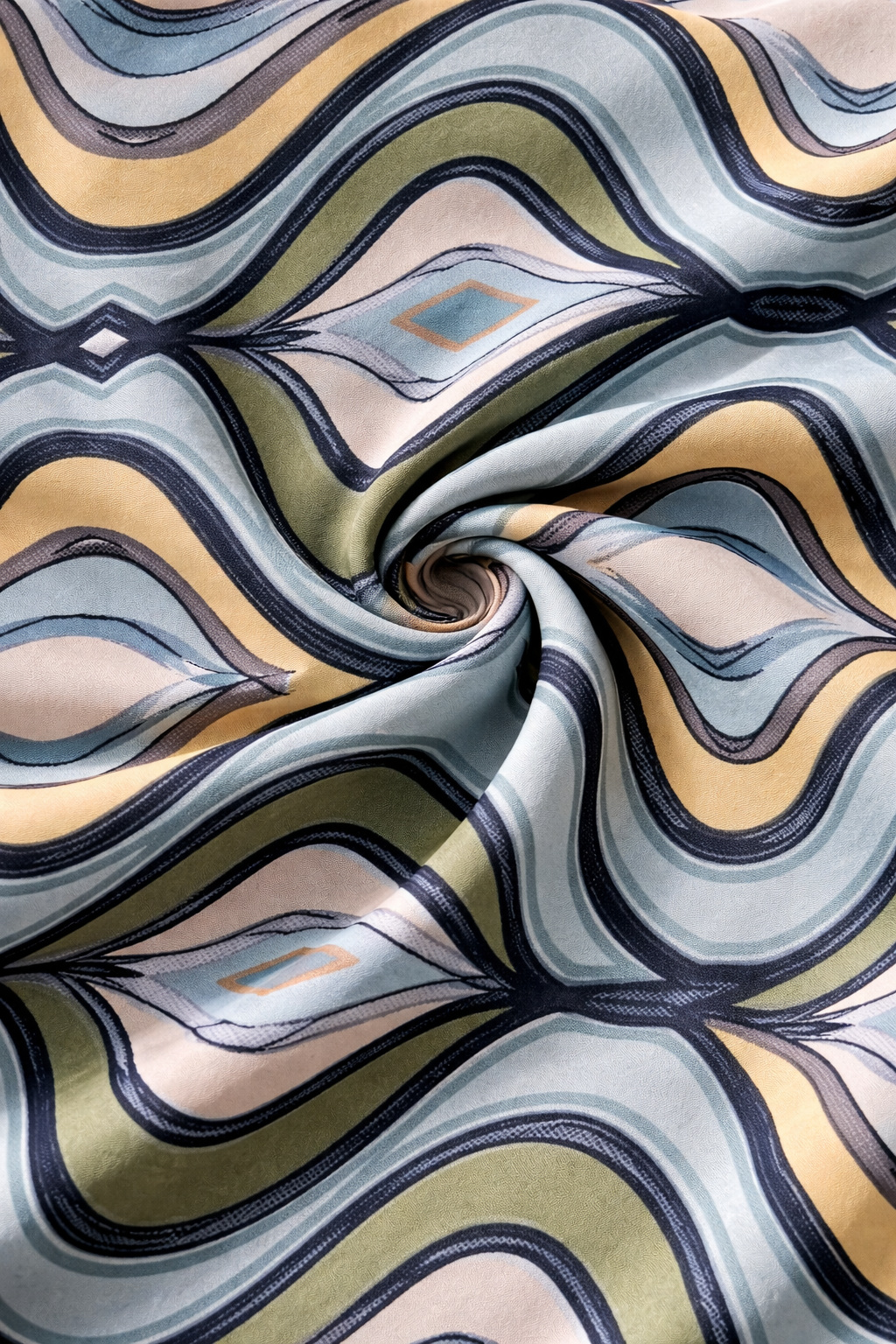 Retro Ogee Wave Print Satin Top | Round Neck, 3/4 Sleeves | Zero+1