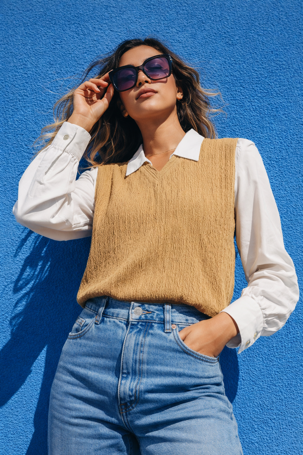 V-Neck Knit Sweater Vest & White Linen Shirt Two-Piece Set | Miss Kapachi