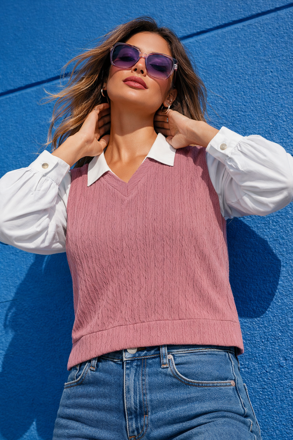 V-Neck Knit Sweater Vest & White Linen Shirt Two-Piece Set | Miss Kapachi