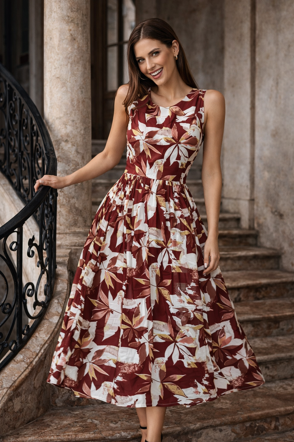 Delta Print Sleeveless Midi Dress | Floral Flared Dress | Zero+1