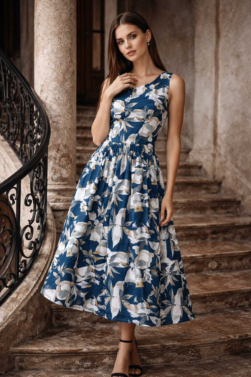 Delta Print Sleeveless Midi Dress | Floral Flared Dress | Zero+1